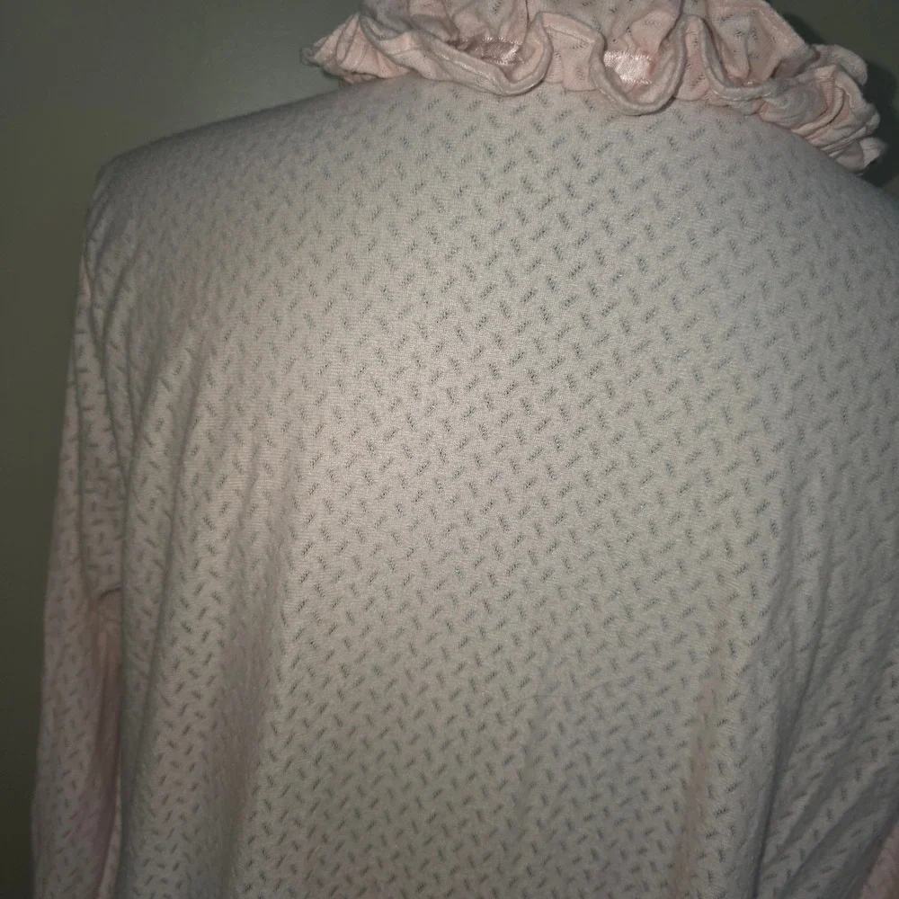 Vintage Pink Pointelle Nightgown Lace Ruffle V-Neck Long Sleeve Coquette